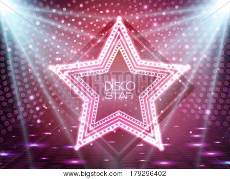 Neon sign disco star on night disco background