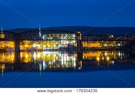 The Night Landscape On The River In Hamelin,germany