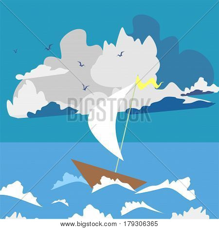 A small boat floats on the waves during the approaching storms
