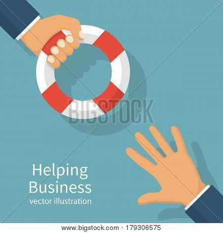 Helping Business concept. Businessman holding a lifebuoy in hand. To give help to the drowning man, metaphor. Vector illustration flat design. Isolated on white background.