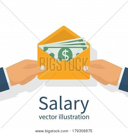 Give a salary. Wages in the envelope. Payout. Businessman holding in hand an envelope with money. Transfer money. Vector illustration flat design. Isolated on white background.