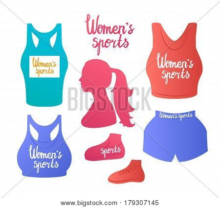 Vector illustration. T-shirt top and sport bra. Lettering inspirational Women's sports. Sports clothing female. Color silhouette isolated white background.