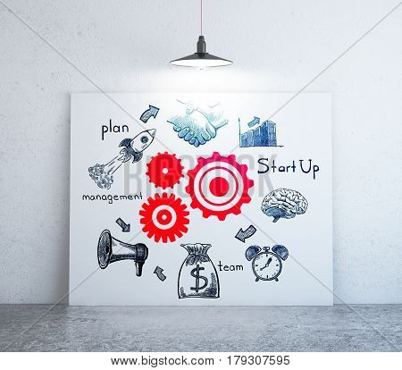 Interior with creative red cogwheel and pencil drawn business icons on whiteboard. Teamwork cocnept. 3D Rendering
