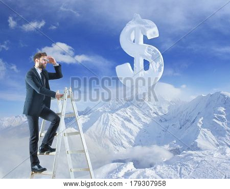 Businessman looking into the distance while climbing ladder on winter landscape background with abstract dollar sign. Weath concept
