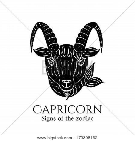 Signs of the zodiac. Capricorn hand draw. Black silhouette and white details. Vector illustration isolated on a white background.