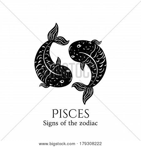 Signs of the zodiac. Pisces hand draw. Black silhouette and white details. Vector illustration isolated on a white background.