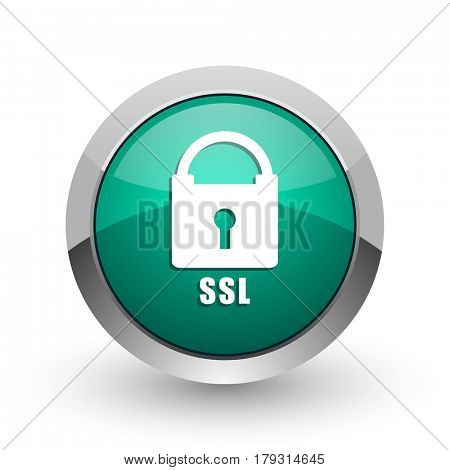 Csl silver metallic chrome web design green round internet icon with shadow on white background.