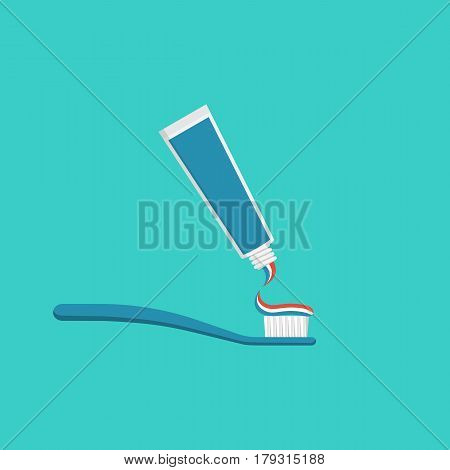 Toothbrush and paste icon isolated on background. Vector illustration flat design. Hygiene of the mouth. Color striped paste. Teeth protection. Dental concept.