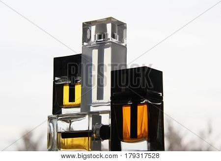 A set of several bottles of man's perfume. Fashion & Style.