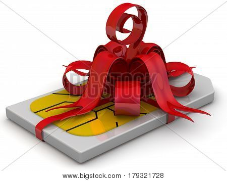SIM card as a gift. One SIM-card tied with a red ribbon and bow on white surface. Isolated. 3D Illustration