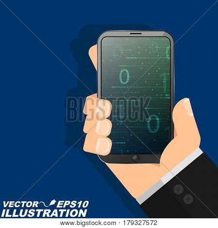 The programmer's man is holding a modern smartphone in his hand and looking at the binary code. Programming at full speed. Illustration in a flat style