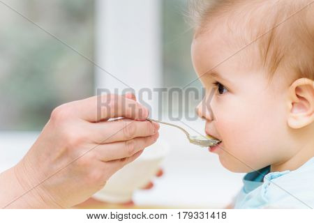 Grandmother Gives Baby Food From A Spoon