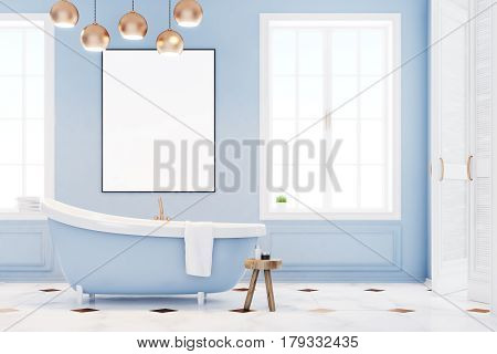 Blue Bathroom Interior With Poster, Front