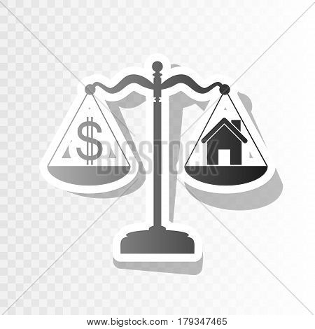 House and dollar symbol on scales. Vector. New year blackish icon on transparent background with transition.