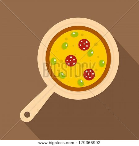 Pizza on round board icon. Flat illustration of pizza on round board vector icon for web isolated on coffee background