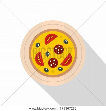 Pizza with sausage, tomatoes and olives on a round board icon. Flat illustration of pizza with sausage, tomatoes and olives on a round board vector icon for web isolated on white background