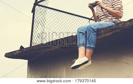 Woman traveler photographer holiday lifestyle trip