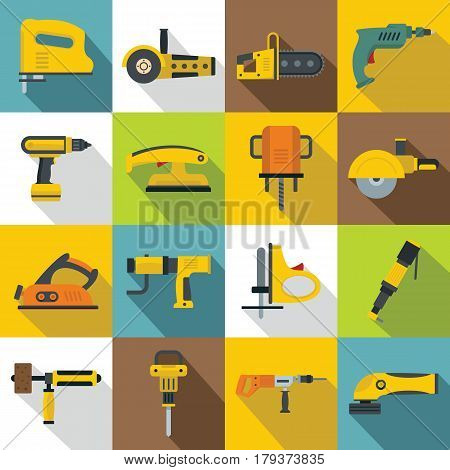 Electric tools icons set. Flat illustration of 16 electric tools vector icons for web