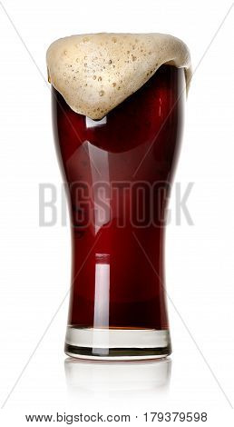 Froth on black beer in glass isolated on white