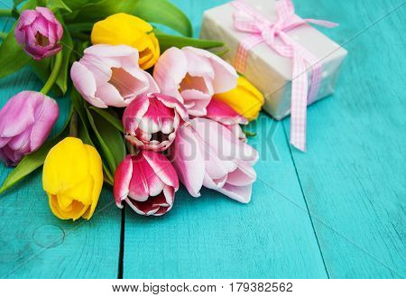 Spring Tulips Flowers And Gift Box