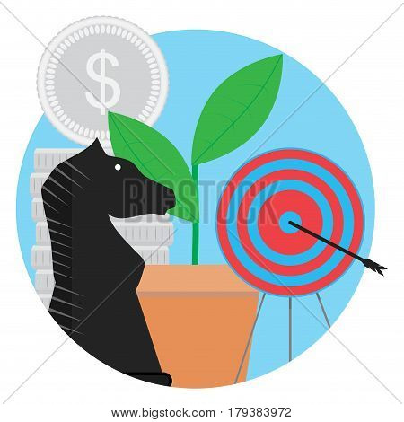 Succes strategy icon. Chess horse metaphor in business. Vector illustration