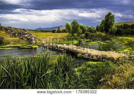 clear river in the spectacular scenery of the village