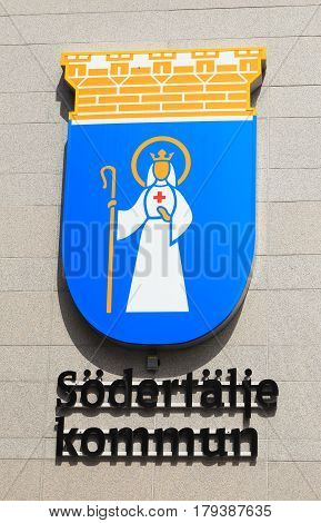 Sodertalje Sweden - August 10 2013: Close-up of Sodertalje municipality coat of arms