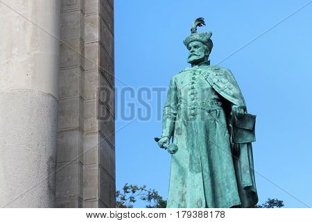 BUDAPEST, HUNGARY - AUGUST 08, 2012: Sculpture of Stephen Bocskai (Hollo Barnabas 1903). As part of Millennium Monument on the Heroes Square. Bocskai was Prince of Transylvania and Hungary (XVII c.).