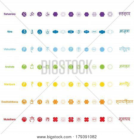 set of color icons with  names of chakras in Sanskrit for your design