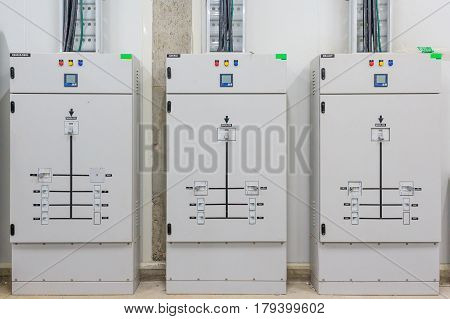 Electric control cabinet substation in a new factory plant.