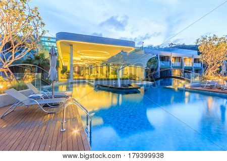 PHUKET THAILAND - JANUARY 22 2017: Oriental Architecture of Crest Resort and Pool Villas and Resorts is the latest luxury intimate gems an eco friendly resort Phuket island in Thailand.