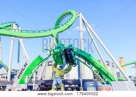 ORLANDO USA - JANUARY 05 2017: Incredible hulk coaster in Adventure Island of Universal Studios Orlando. Universal Studios Orlando is a theme park resort in Orlando Florida.