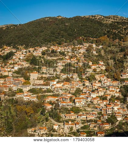 Scenic Mountain Autumn Landscape With  Village Langadia, Peloponnese, Greece