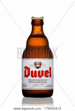 London,uk - March 30, 2017 :  Bottle Of Duvel Beer On White. Duvel Is A Strong Golden Ale Produced B
