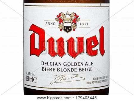 London,uk - March 30, 2017 :  Bottle Label Of Duvel Beer On White. Duvel Is A Strong Golden Ale Prod