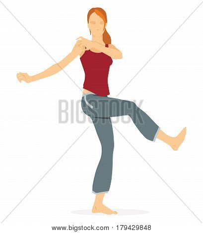 The barefoot girl performs a complex of movements of capoeira: crescent forward me loya di french Isolated on white background