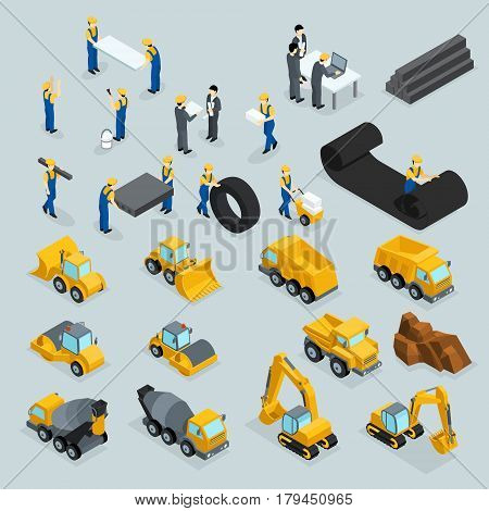 Set isometric 3D icons for construction workers, crane, machinery, power, transportation, clothing, buses on a gray background.