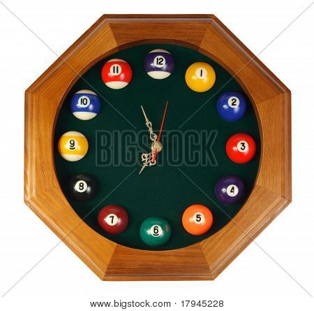 Reloj de pared, mesa de billar en el fondo blanco