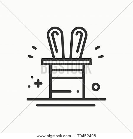 Magic trick icon. Rabbit in magician black hat cylinder. Circus magic party birthday event carnival festive holidays. Thin line party element icon. Vector simple linear design. Illustration. Symbols