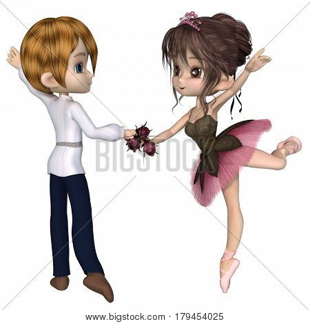 Cute toon ballerina wearing a classical ballet tutu and tiara and holding a beautiful pink rose dancing in a pas de deux, digital illustration (3d rendering)