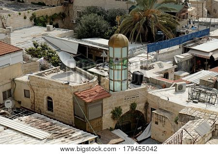 JERUSALEM ISRAEL - MARCH 25 2017: View from the Shechem Gate to the Mosque in the Muslim Quarter of the Old City of Jerusalem