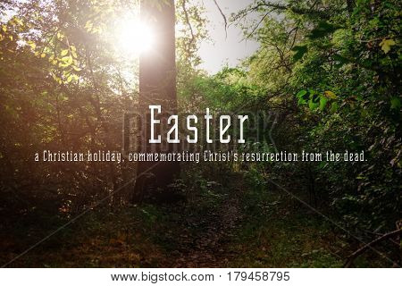Easter quote on landscape background. Holiday celebration concept