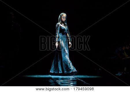 MOSCOW RUSSIA - MARCH 16 2017: Model walk runway for SENSUS COUTURE catwalk at Fall-Winter 2017-2018 at Mercedes-Benz Fashion Week Russia.
