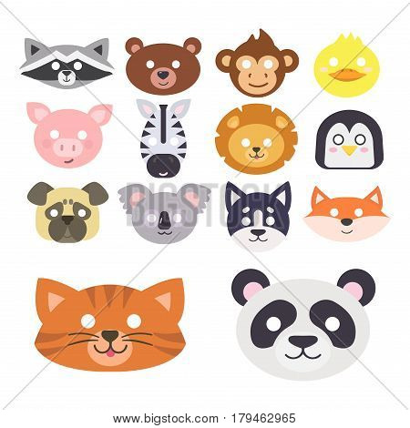 Animals carnival mask vector set festival decoration masquerade and party costume cute cartoon head decor isolated celebration vector illustration. Traditional fantasy drawing wild character.