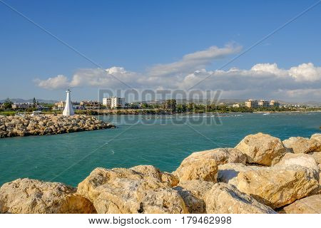 Entrance to the marina, harbour at Zygi, Cyprus.  Taken on a bright sunny spring day .
