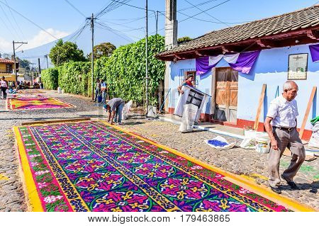 Antigua, Guatemala - March 26 2017: Locals make dyed sawdust procession carpets during Lent against backdrop of Agua volcano in colonial town with most famous Holy Week celebrations in Latin America.