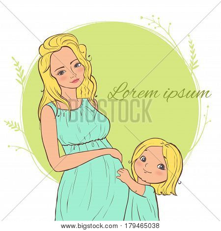 Card with beautiful blond pregnant woman with a child on natural backgrond