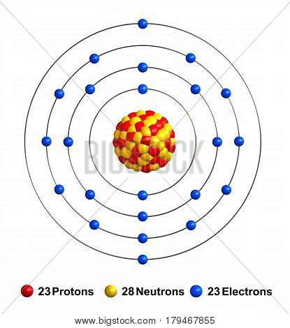 3d render of atom structure of vanadium isolated over white background Protons are represented as red spheres neutron as yellow spheres electrons as blue spheres