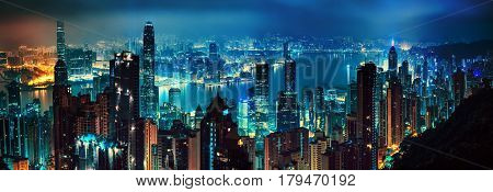 Night panorama of hong kong bay view from above