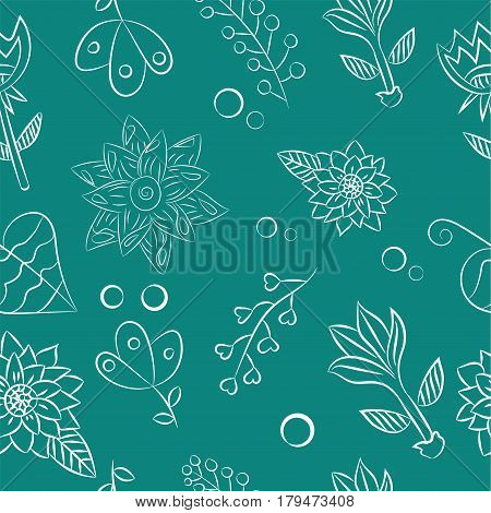 White floral elements on a turquoise background